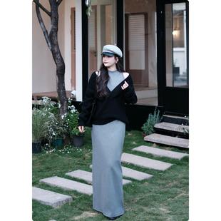 显瘦收腰连衣裙两件套 慵懒V领毛衣外套女秋季 糯米子 日常私服