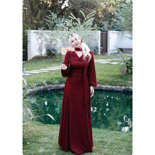 糯米子[订婚裙]法式红色连衣裙女秋冬季长裙新年战袍年会礼服裙子