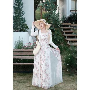 糯米子[花仙子]法式浪漫复古重工立体花朵网纱大码吊带碎花连衣裙