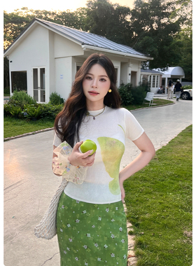 糯米子[腰间精灵]海边度假显瘦印花弹力针织衫正肩短袖T恤上衣