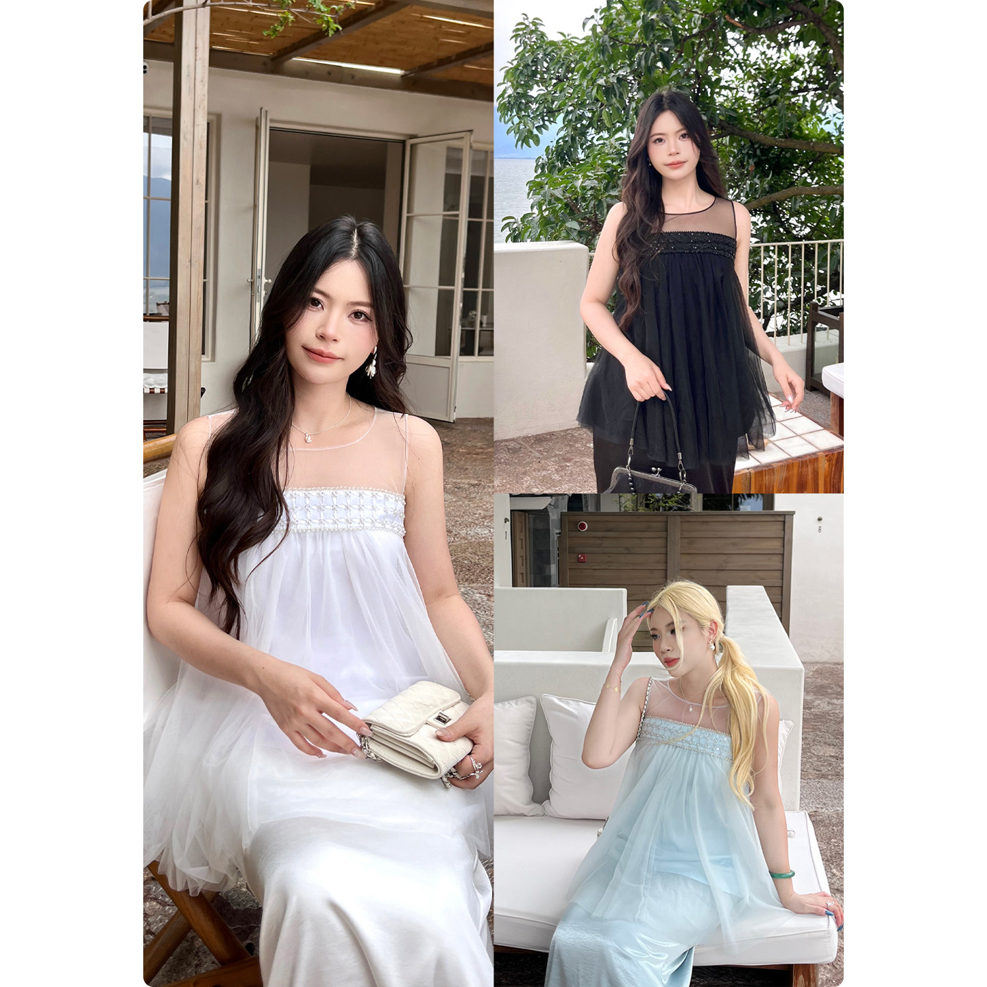 糯米子[掌上明珠]高级感三色网纱钉珠精致温柔女背心无袖上衣图片