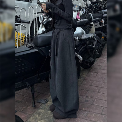 深圳南油高端货~灰色阔腿裤女秋冬垂感拖地休闲裤宽松显瘦长裤子