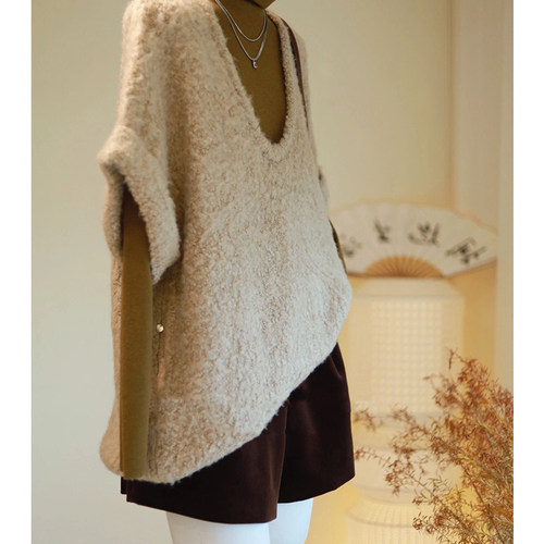 深圳南油高端货欧货复古百搭休闲宽松显瘦保暖卡其色针织马甲秋冬