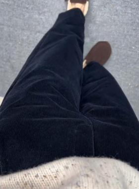 高腰直筒藏蓝色条绒休闲裤简约通勤小个子炸街洋气灯芯绒烟管裤女