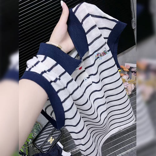 广州十三行爆款~polo领条纹短袖女夏翻领撞色时尚减龄修身刺绣t恤