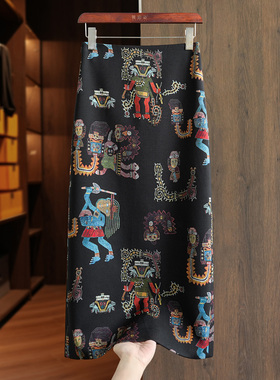 深圳南油高端货~印花直筒半身裙女秋冬时尚百搭高腰开叉a字中长裙
