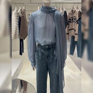 女丝带围脖气质休闲高级感百搭 蓝色格子衬衫 广州十三行爆款 韩版