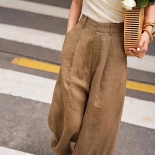 裤 深圳南油高端货老钱风咖色天丝亚麻阔腿裤 女夏苎麻显瘦拖地西装