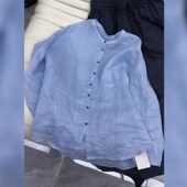 广州十三行高端爆款 立领单排扣衬衫 简约苎麻通勤蓝色上衣夏季 款