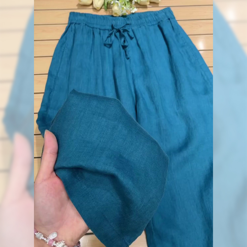 深圳南油~天丝垂感亚麻裤子女薄夏蓝宽松苎麻直筒棉麻阔腿拖地裤