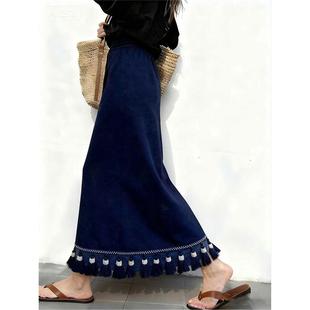 冬季 小个子高腰显瘦半身裙川西旅游穿搭洋气减龄休闲风深蓝色半裙