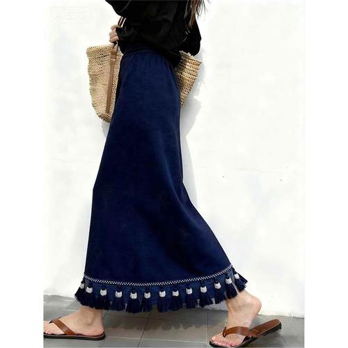 冬季小个子高腰显瘦半身裙川西旅游穿搭洋气减龄休闲风深蓝色半裙