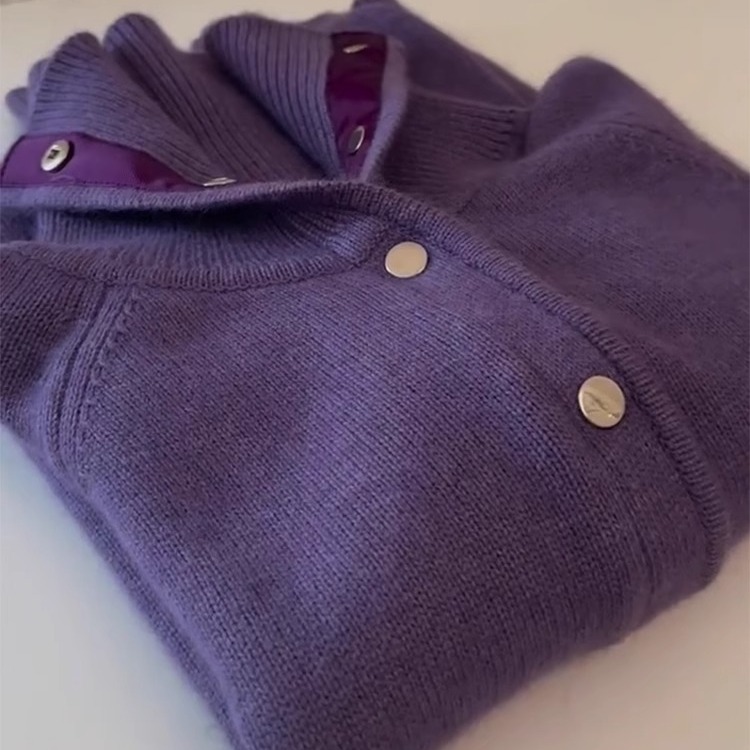 深圳南油高端货葡萄紫翻领毛衣外套女高级感显白百搭针织开衫秋冬