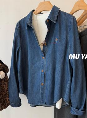 深圳南油轻奢高端货韩国水洗刺绣小人拉绒牛仔衬衫  叠穿秋冬衬衣