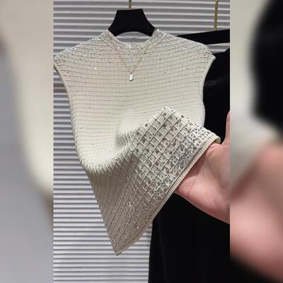 广州十三行爆款~欧货重工钉珠亮片杏色无袖夏季修身独特漂亮上衣