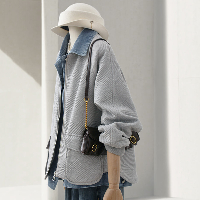 深圳南油高端货~牛仔拼接假两件短外套女百搭通勤气质长袖上衣冬