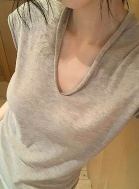 广州十三行高端爆款~燕麦色小飞袖百搭气质针织v领卷边上衣女夏
