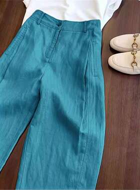深圳南油高端货湖蓝色小众宽松棉麻休闲裤气质百搭显瘦直筒阔腿裤