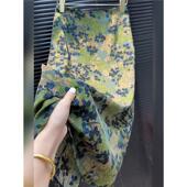 清仓一线品牌专柜百搭绿色碎花高腰半身裙复古中国风气质直筒裙秋