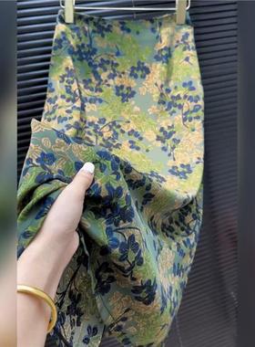 清仓一线品牌专柜百搭绿色碎花高腰半身裙复古中国风气质直筒裙秋