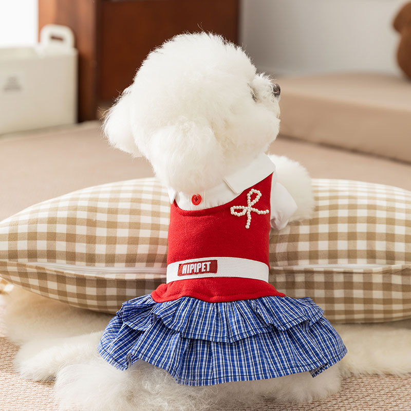 狗狗衣服秋季薄款学院风格子衬衫裙情侣装小型犬比熊泰迪宠物衣服