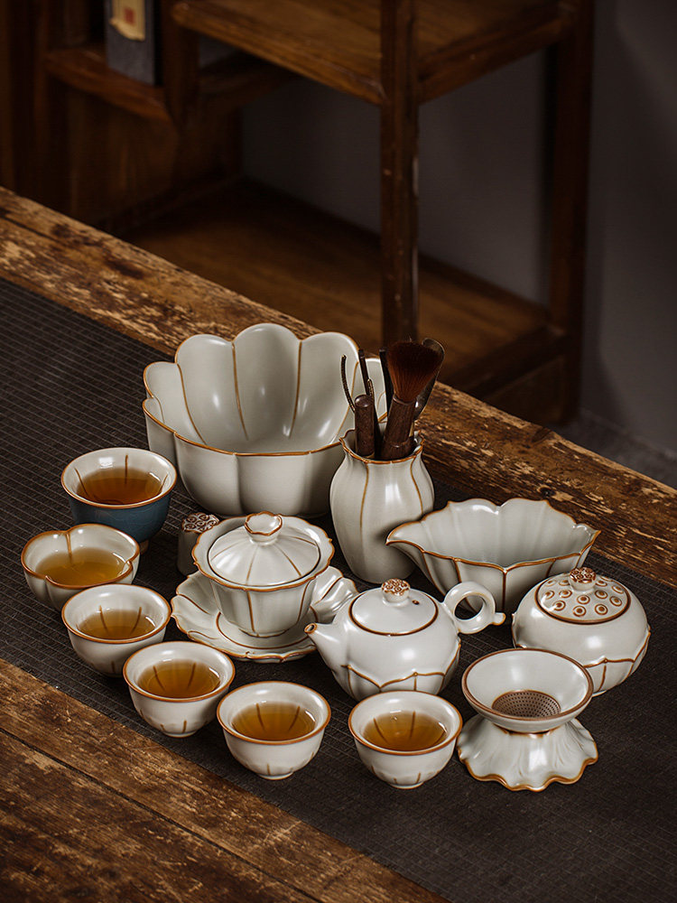 汝窑功夫茶具套装家用陶瓷茶壶茶杯子开片汝瓷中式盖碗泡茶器送礼