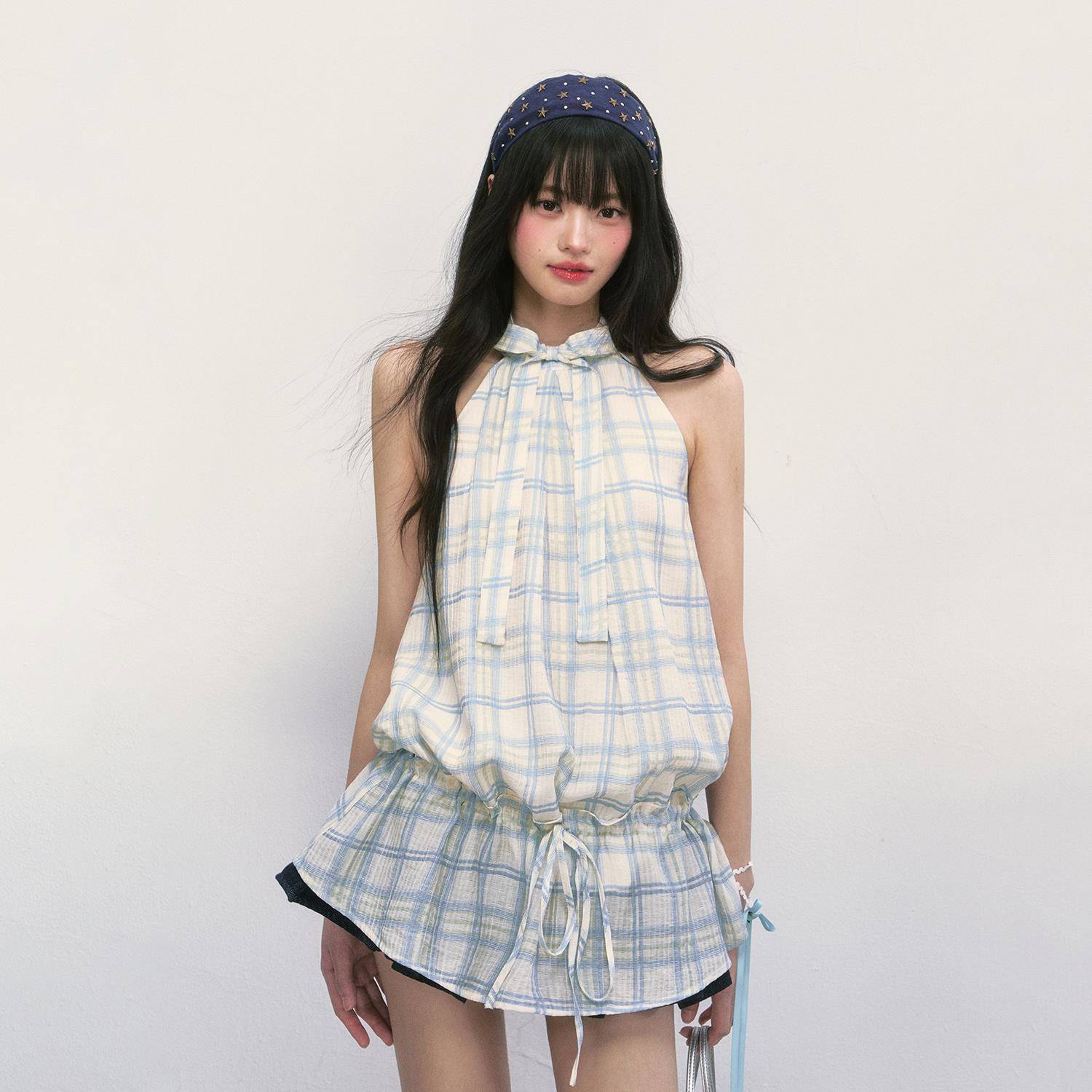 Weekendhub格子挂脖连衣裙女无袖高级感2025新款法式背心裙子夏