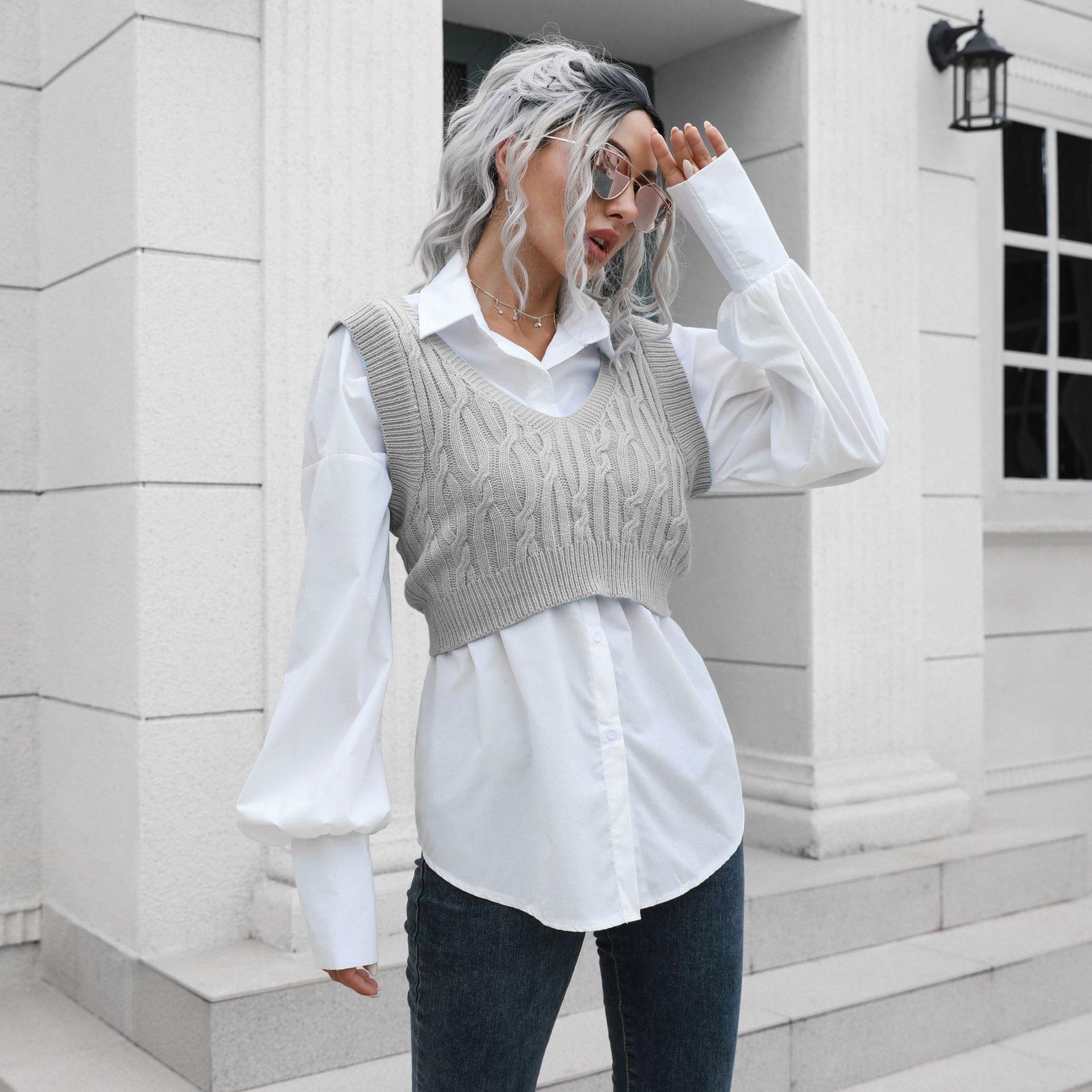 Twisted V-neck short vest sweater womens outer wear inner