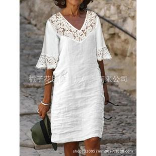 Womens dress temperament lace cotton and linen mid-sleeve