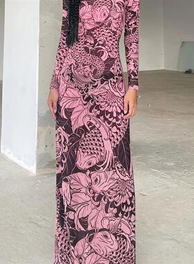 Womens Fashion Mesh See-through Turtleneck Slim Fit Dress