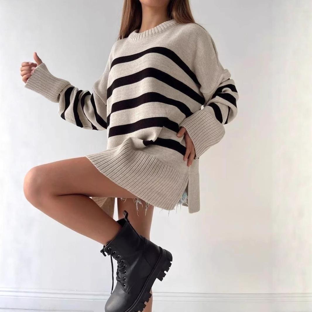 female coat sweater pullover neck round loose striped