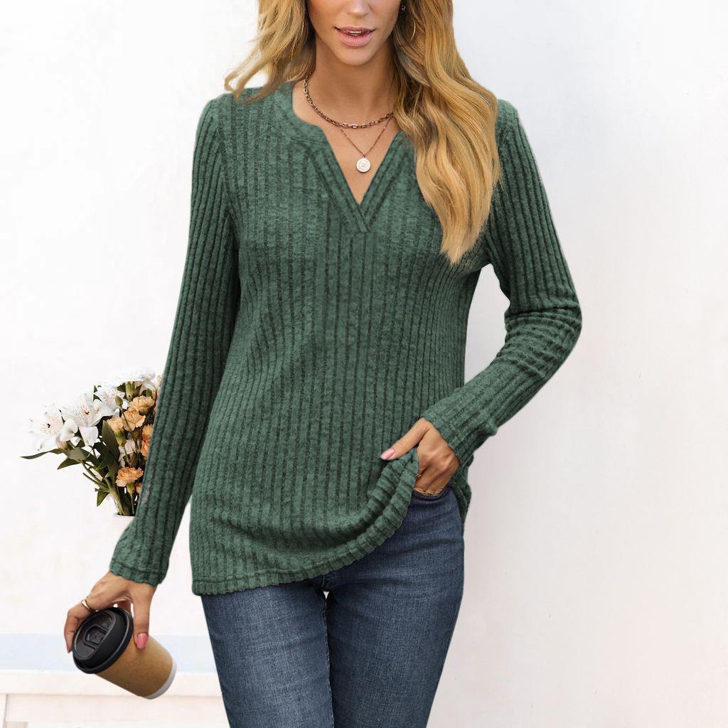 for color loose long-sleeved top V-neck Solid casual