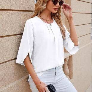 sleeve color chiffon round shirt neck half loose pleated