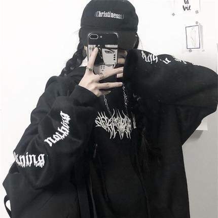 womens loose streetwear black pullover hooded sexy print