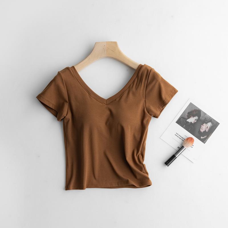 Cotton belt chest pad navel-baring short-sleeved V-neck