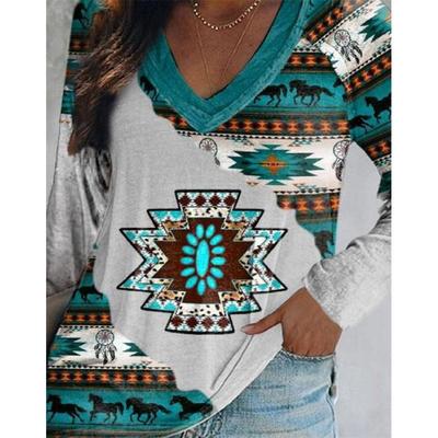 Womens Fashion Loose Round Neck Digital Western V T-Shirt