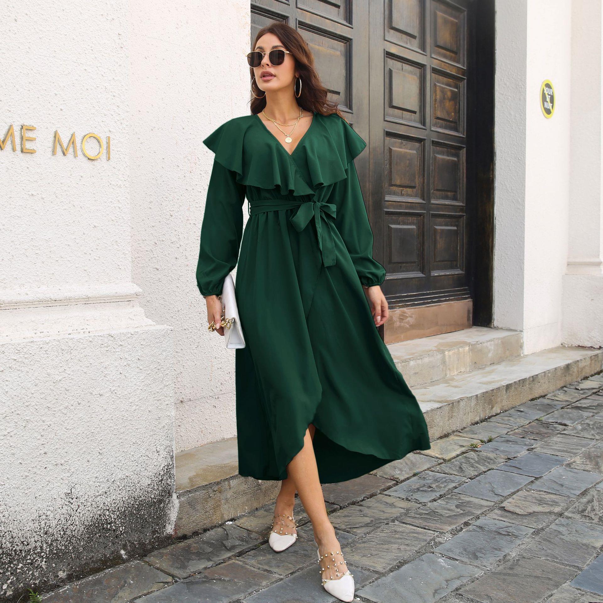 swing V-neck dress slits long long-sleeved women Ruffled