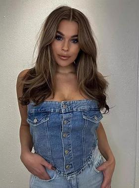 Womens Fashion Street Trend Denim Elasticated Button Top