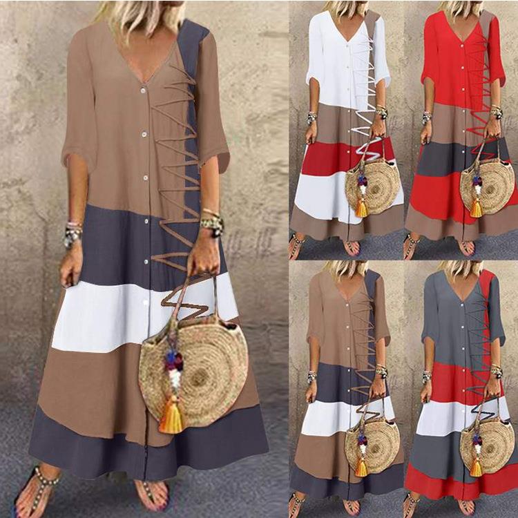 V-neck short-sleeved long dress button casual dress