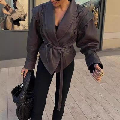 Faux leather jacket with lapel and tie long sleeves