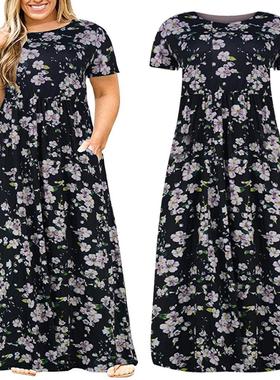 women size plus skirt long dress neck round color solid