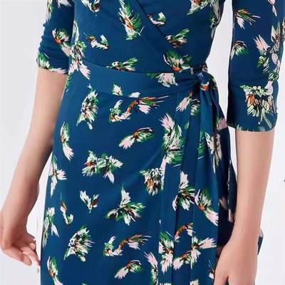 Dress Blue Bird Knitted Elastic Lapel Three-quarter Sleeve