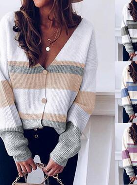 Colorblocked sweater V-neck button striped stitching