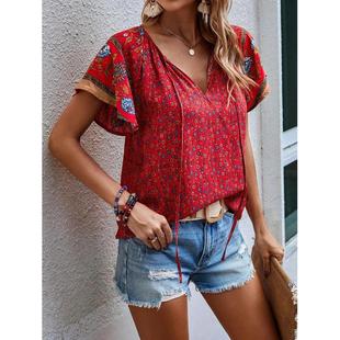 sleeved neck short shirt loose casual Womens