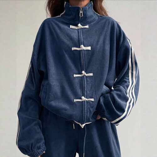 新款时尚宽松休闲立领盘扣外套长裤套装 Loose top and pants set
