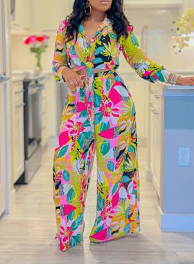 Womens Fashion Two-piece Lapel Tie Shirt Wide-leg Pants Suit