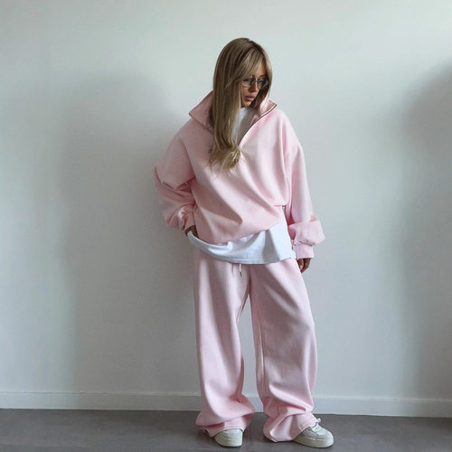 欧美时尚休闲宽松半拉链上衣长裤套装Half zip top and pants set