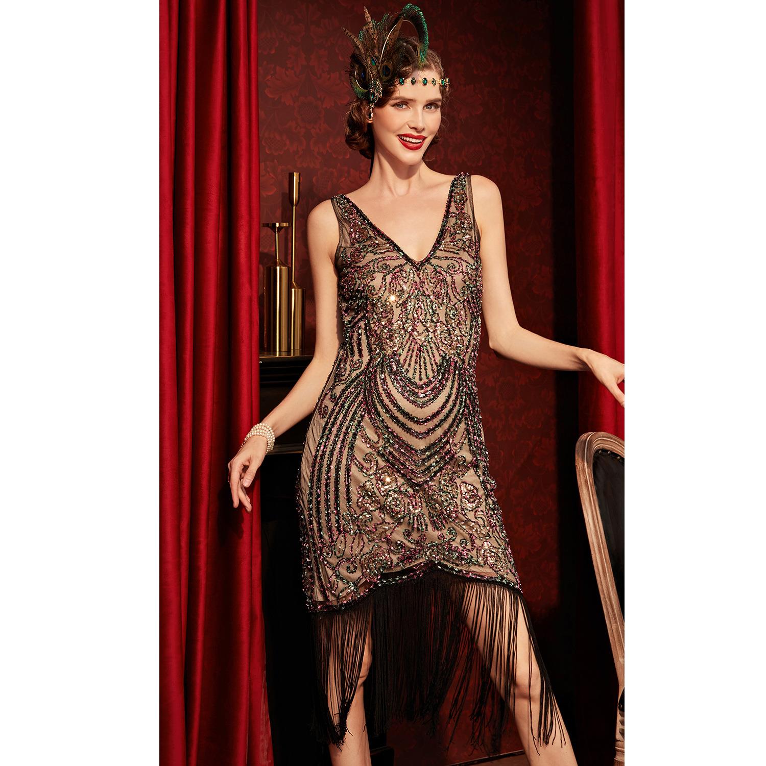 dress tassel sequined gathering party dress high-end V-neck