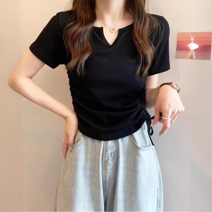 V-neck drawstring slim fit short-sleeved T-shirt womens