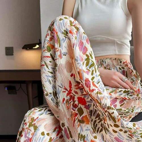 褶皱面料九分阔腿裤Casual color pleated fabric wide-leg pants
